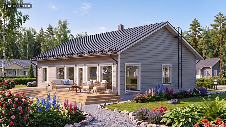 Tekoälyllä tuotettu havainnekuva hirsirakennuksesta, aurinkoinen terassi, etualalla rakennuksen vihreää puutarhaa.