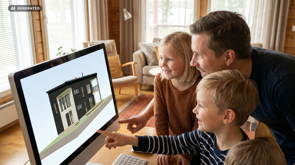 Tekoälyllä luotu kuva miehestä ja kahdesta lapsesta katsomassa tietokoneen näytöltä 3D-talomallia.